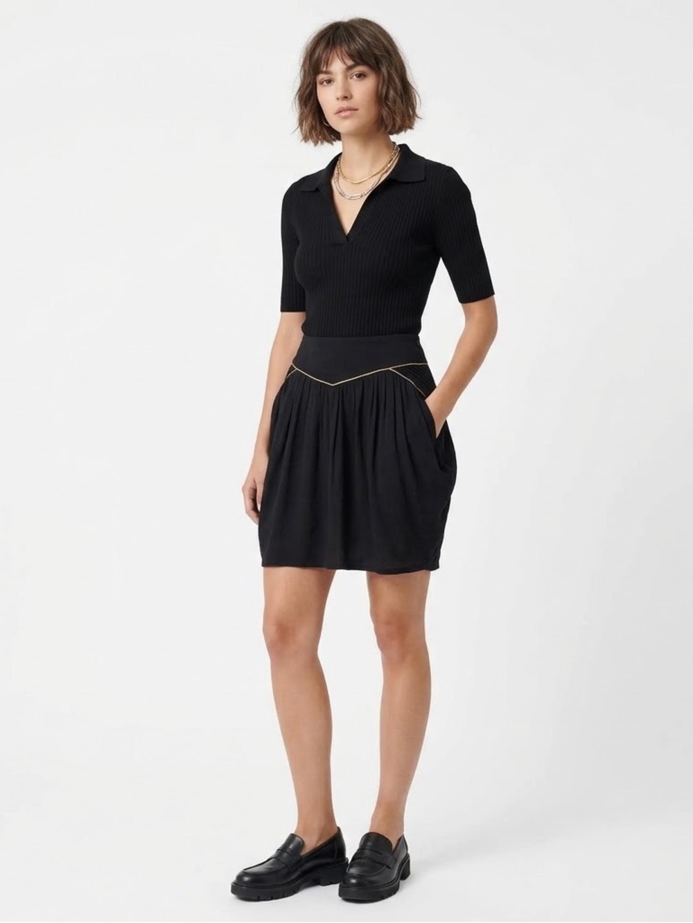 Sandro Basque Waist Draped Mini Skirt Minimalist Capsule Wardrobe Feminine Chic